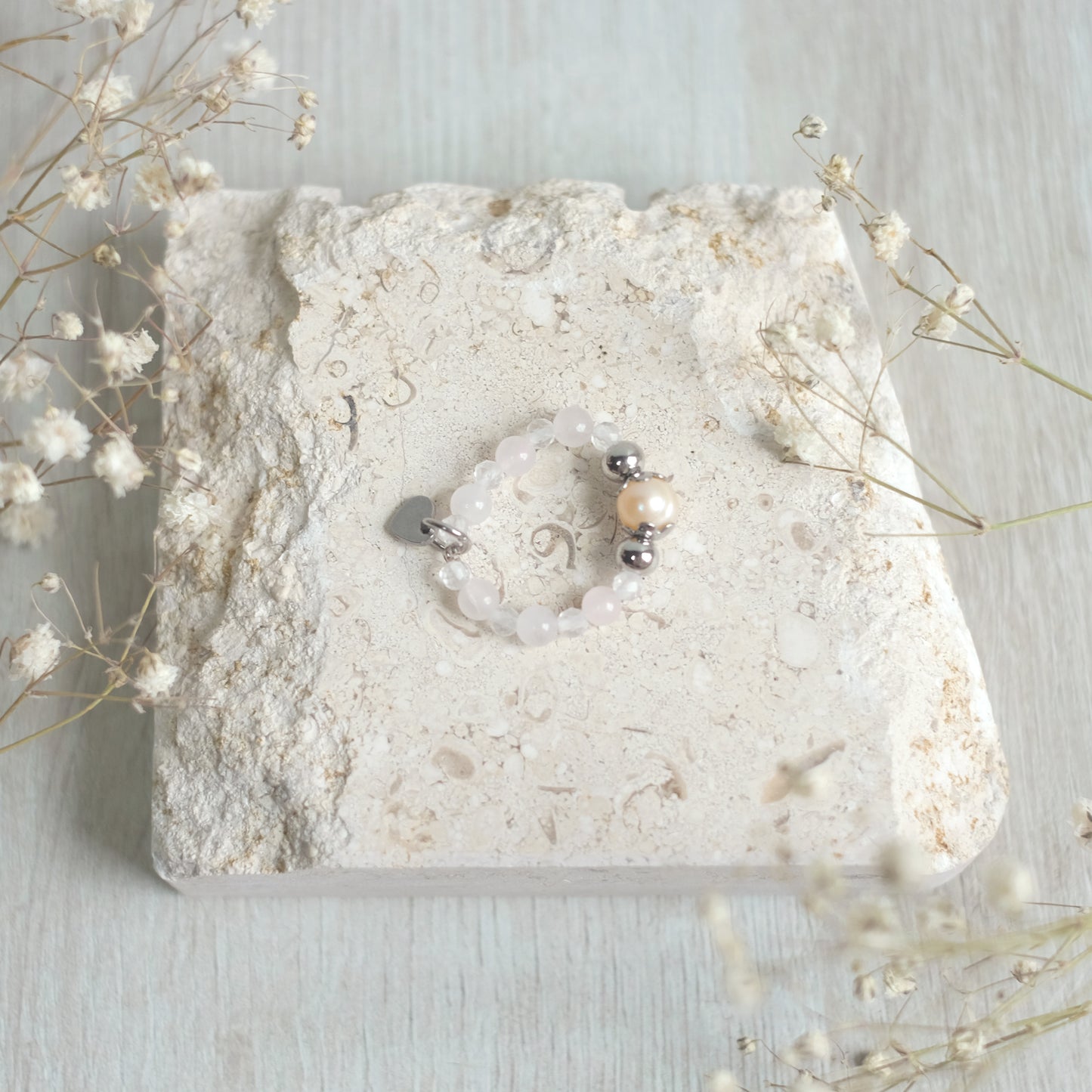 Bague en acier inoxydable avec quartz rose et perle naturelle