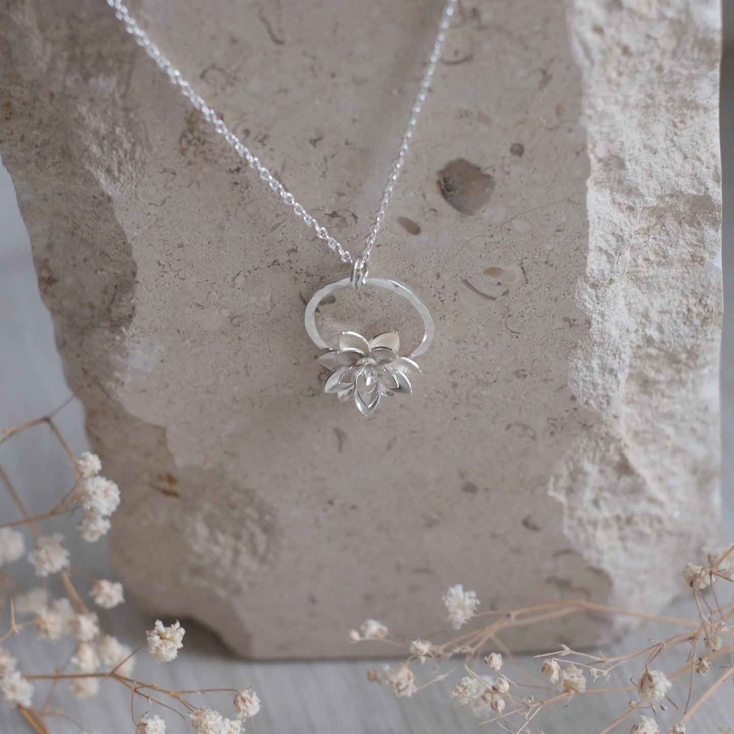 Sterling Silver Lotus Flower Necklace on a Hammered Ring
