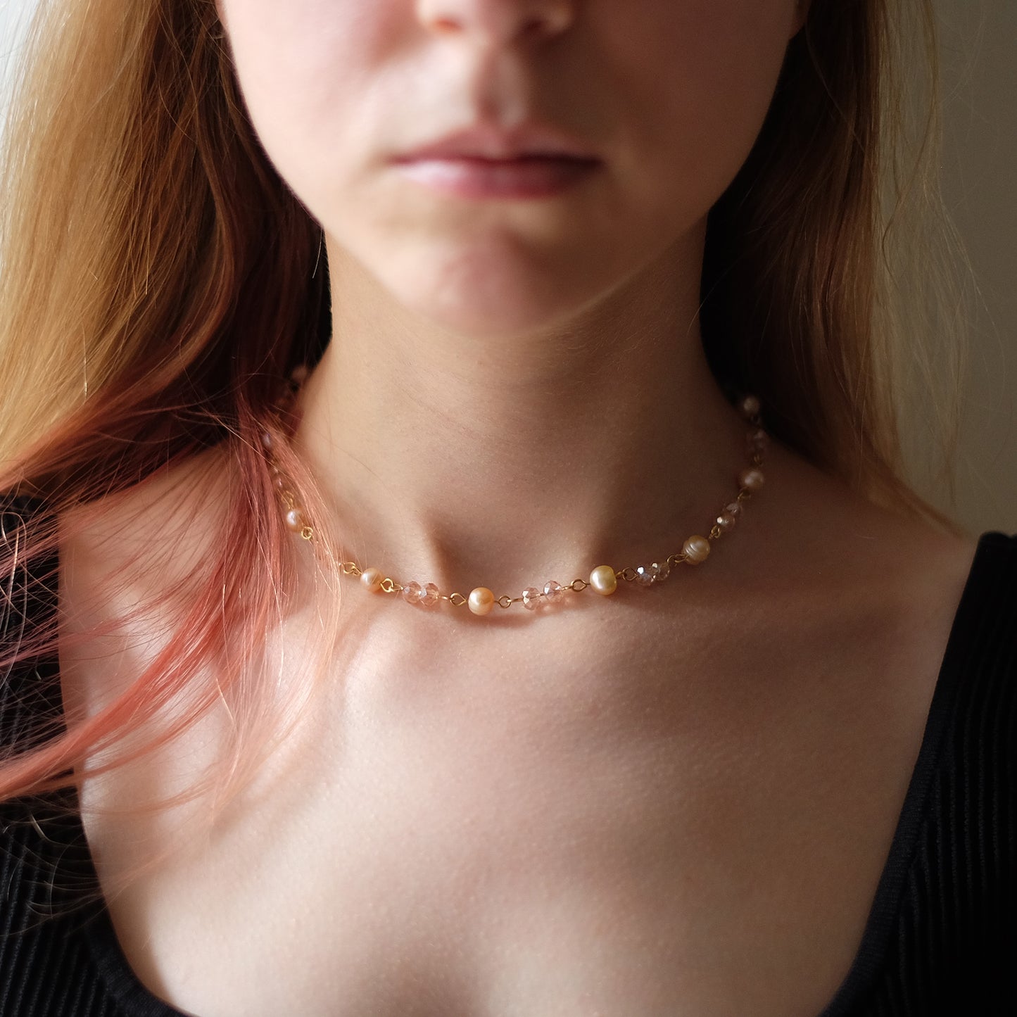 Gold Stainless Steel Choker with Natural Pearls