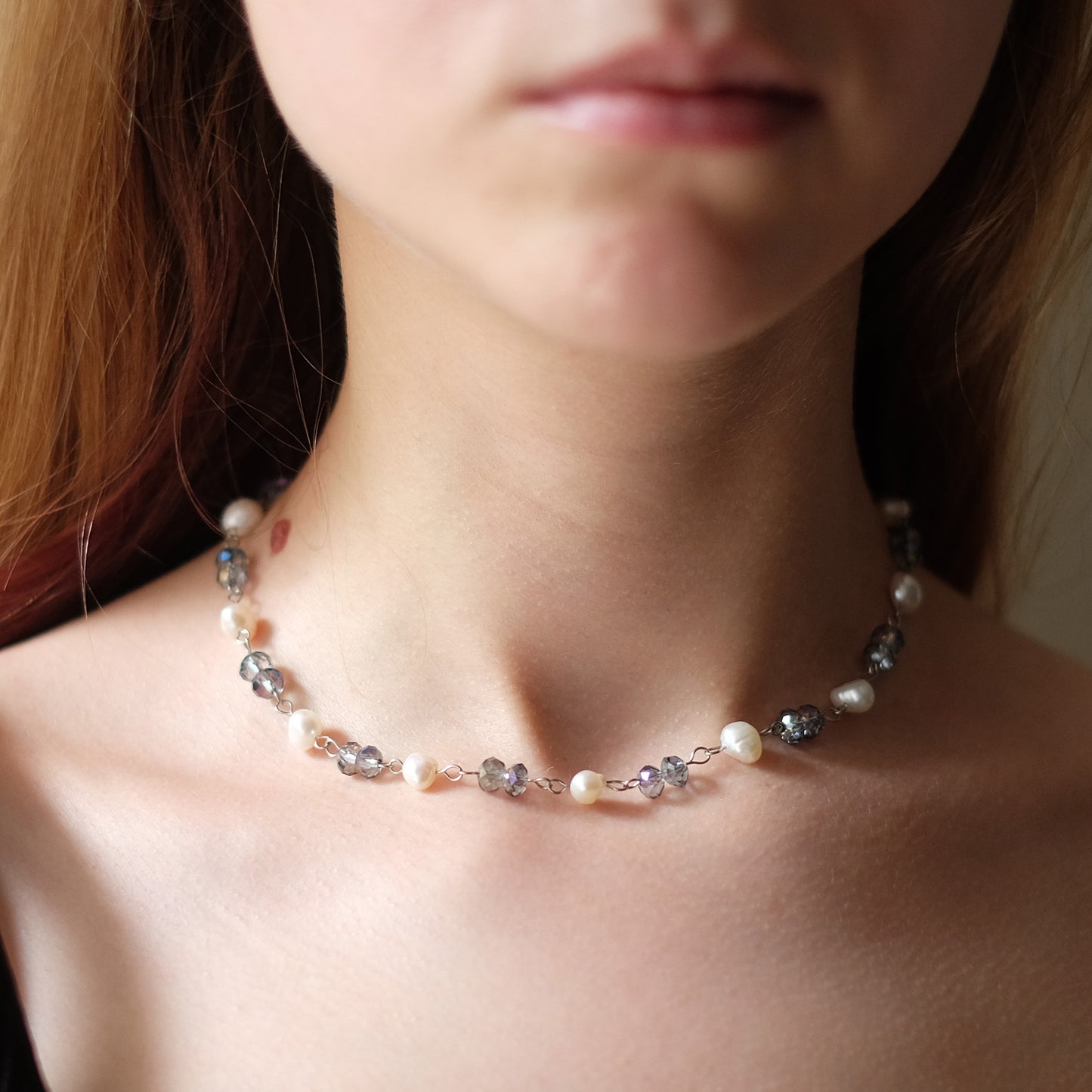 Collier ras de cou en perles d'eau naturelle en acier inoxydable argenté