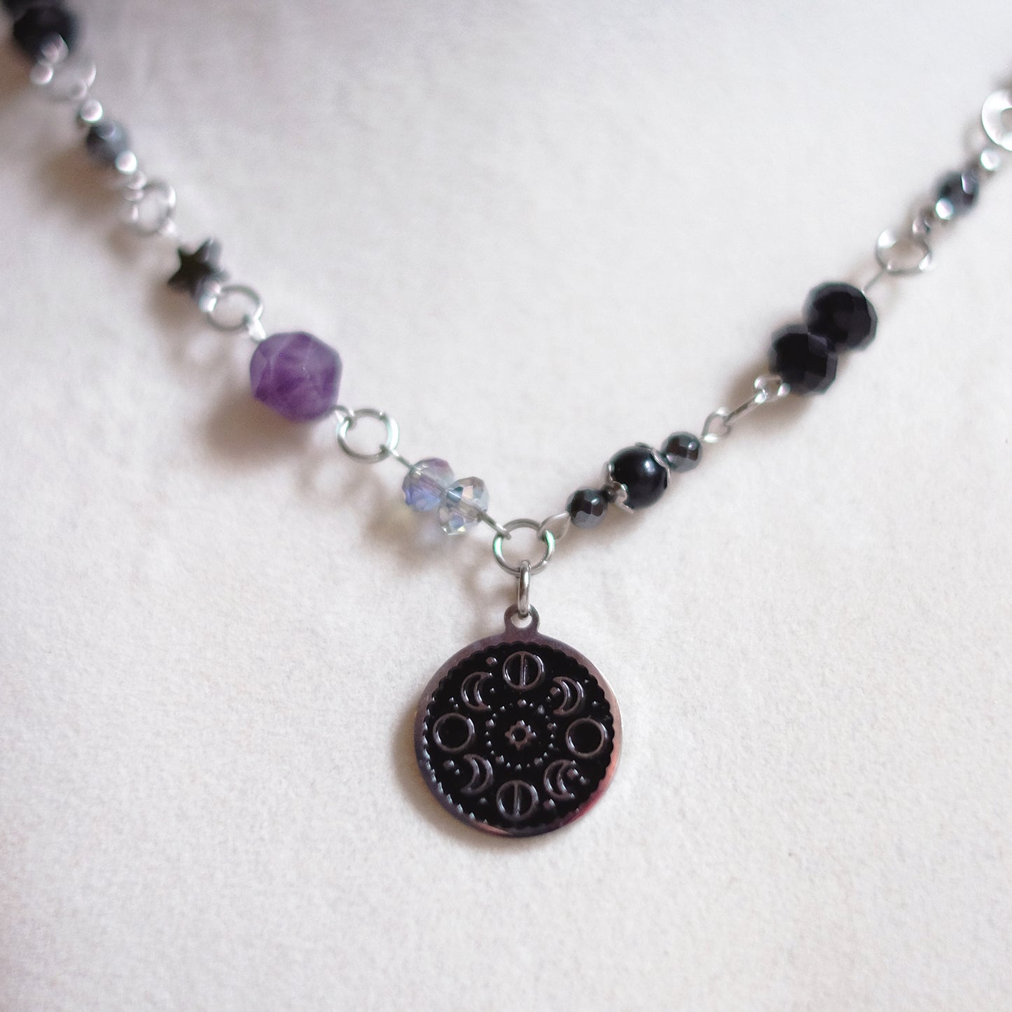 Collier Phases de la Lune en acier inoxydable argenté