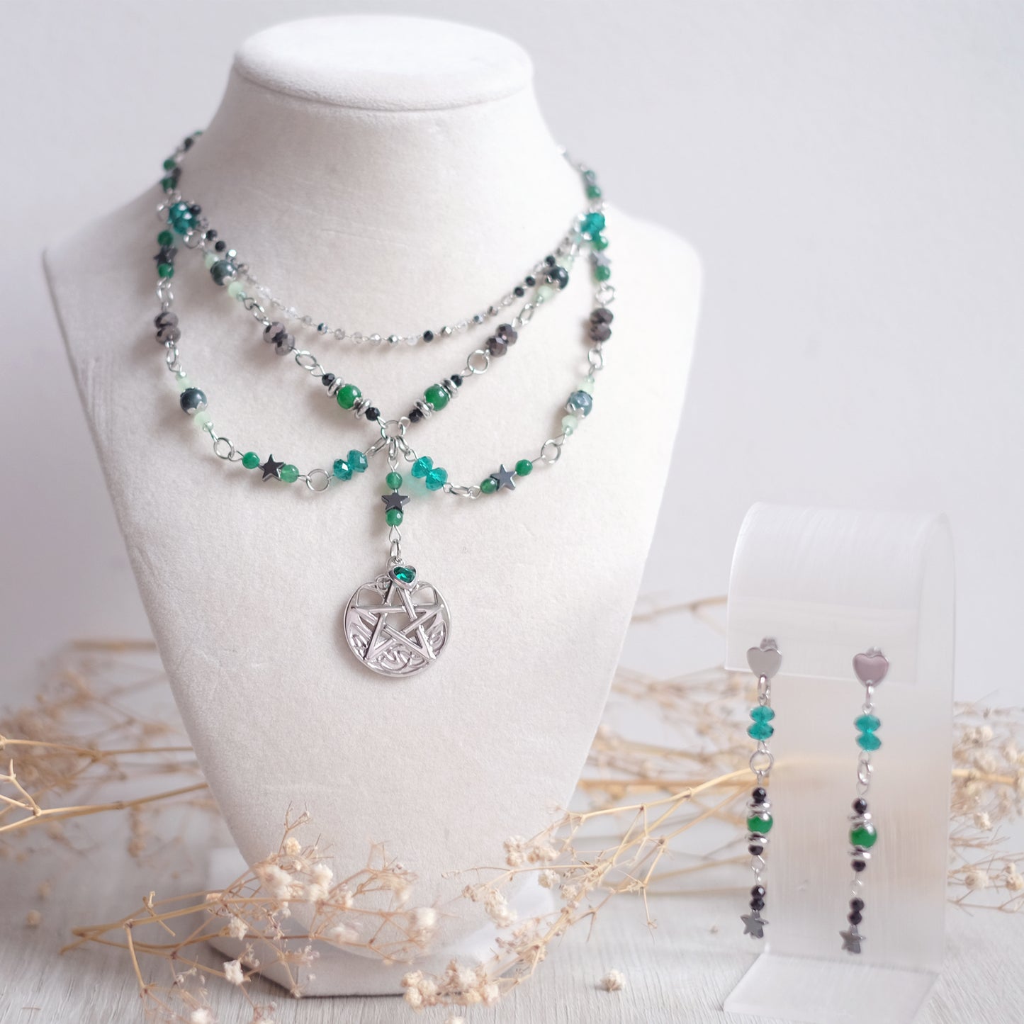 Pentagram Jewelry Set – Silver & Aqua
