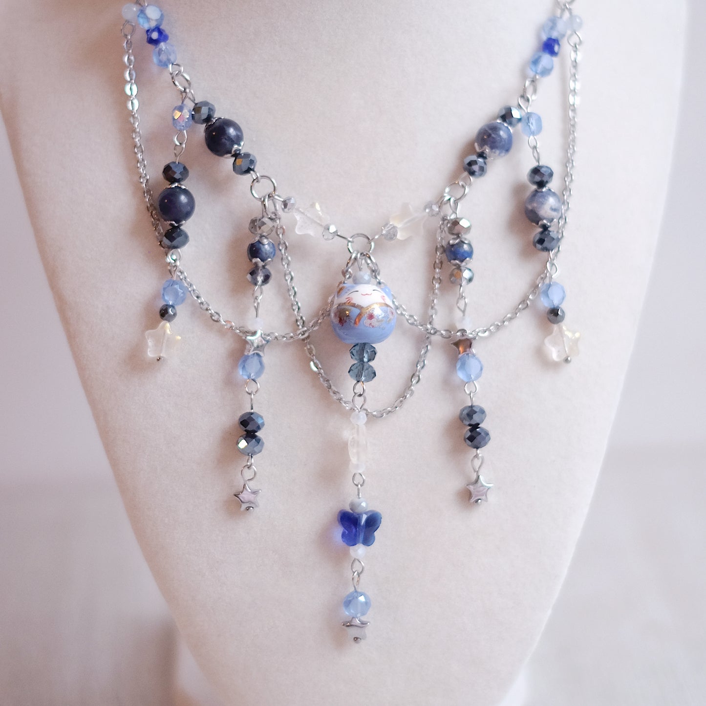 Collier parure Chat Chanceux en bleu