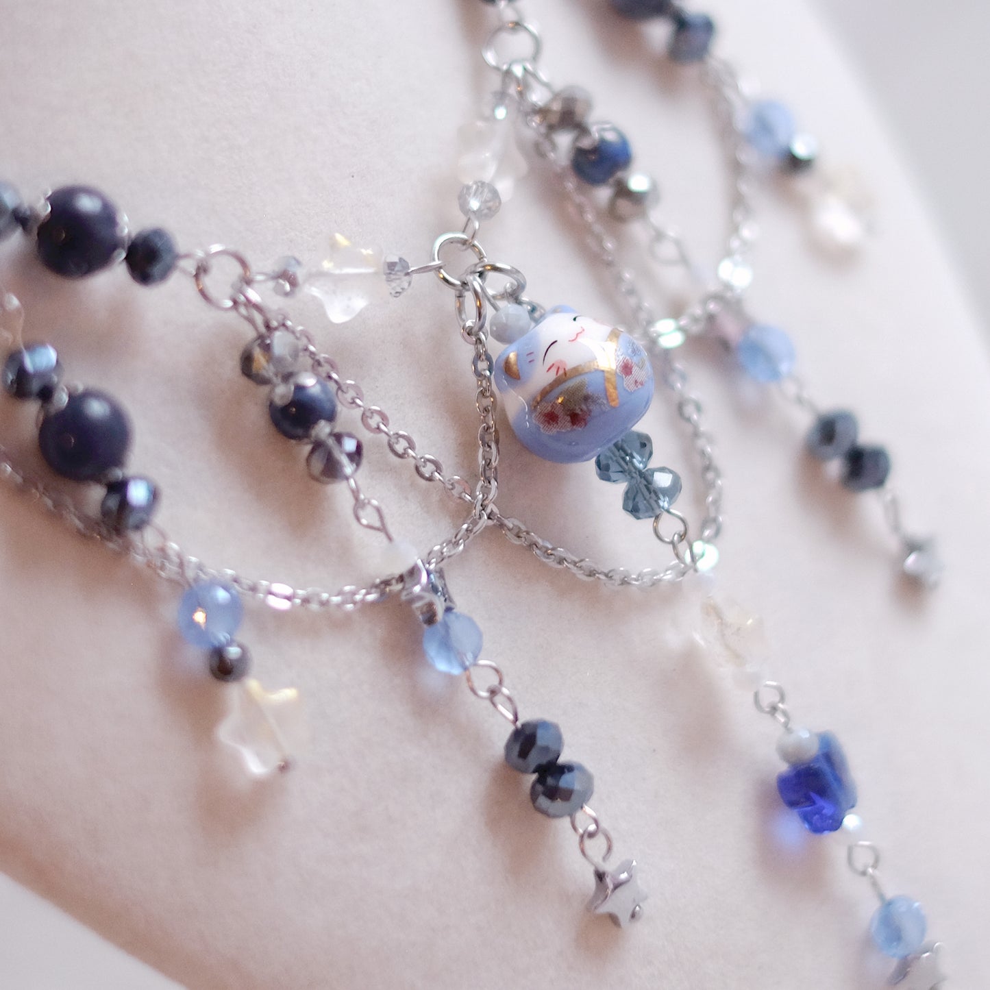 Collier parure Chat Chanceux en bleu