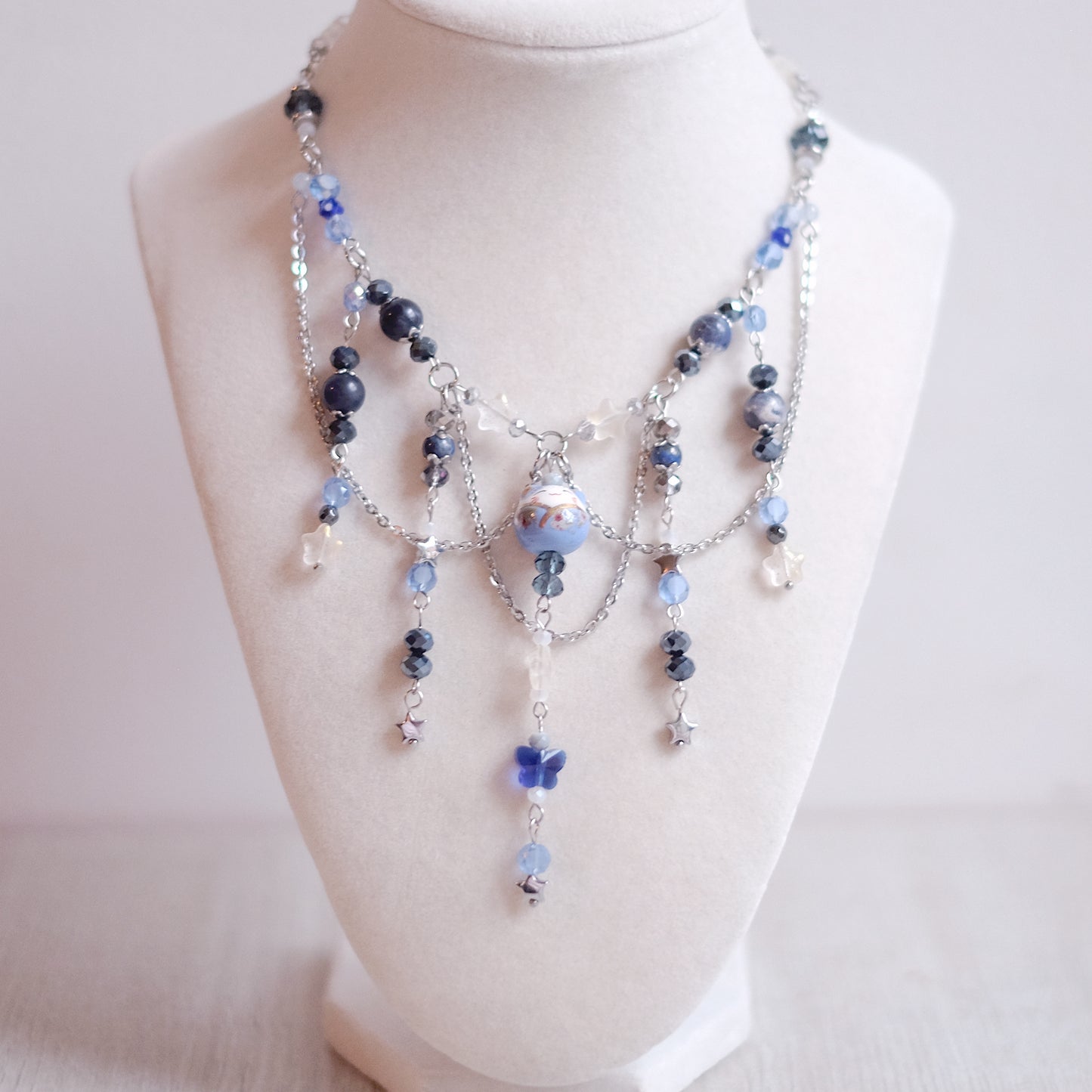 Collier parure Chat Chanceux en bleu