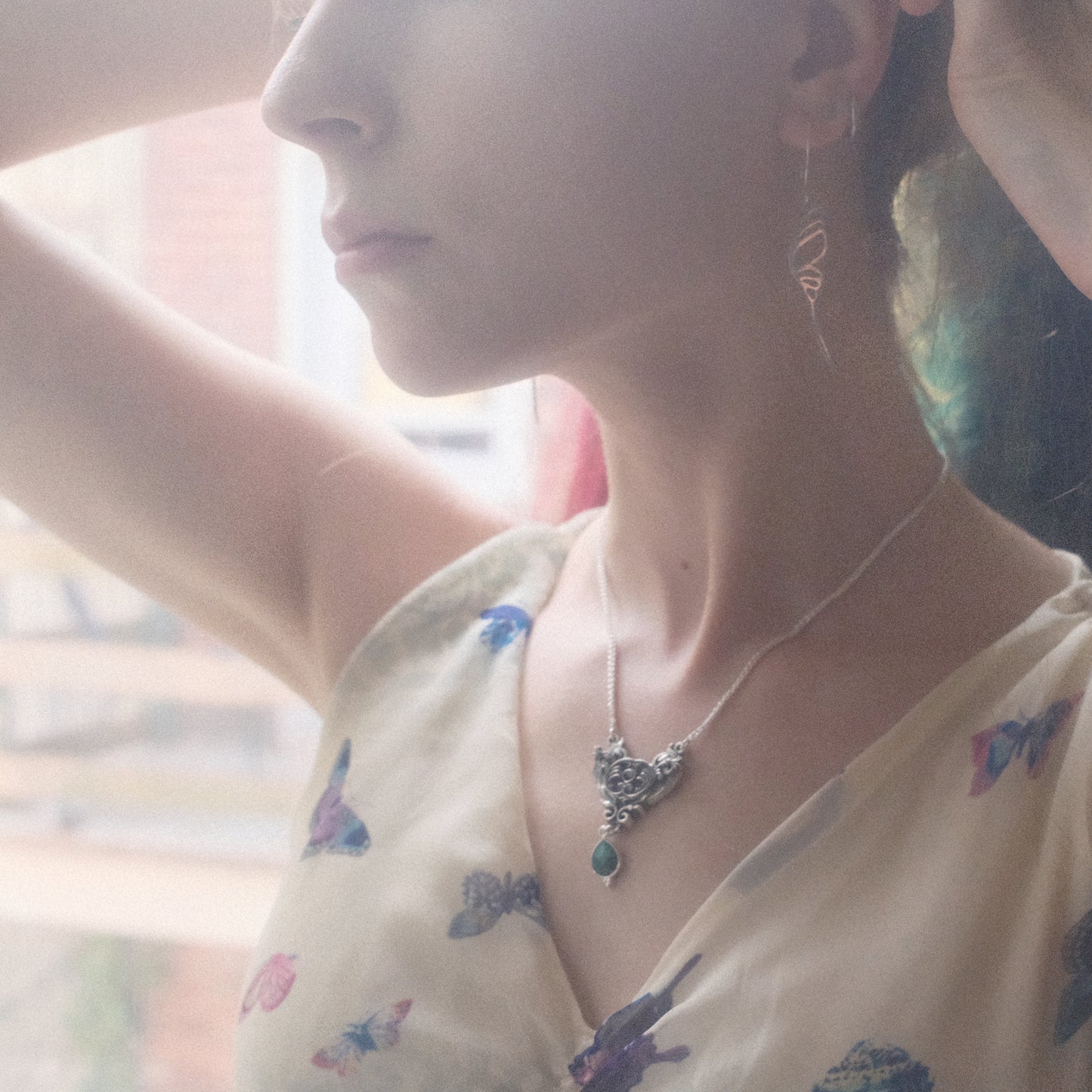 Collier Cœur Art Nouveau – Argent Sterling (version émeraude verte)