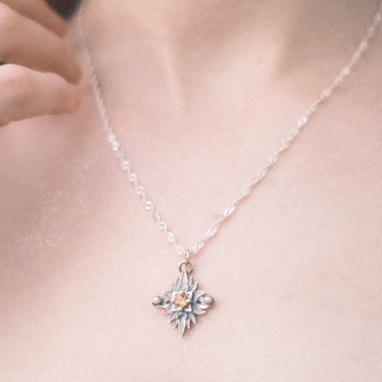 Sterling Silver Starbound Necklace Golden Yellow version with sapphire & pearls