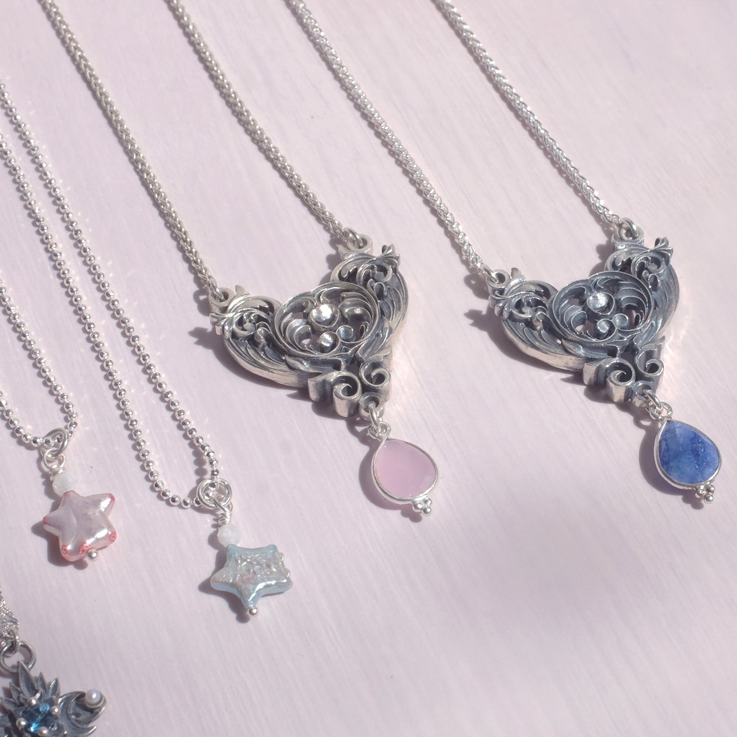 Sterling Silver Art Nouveau Heart Necklace blue sapphire version