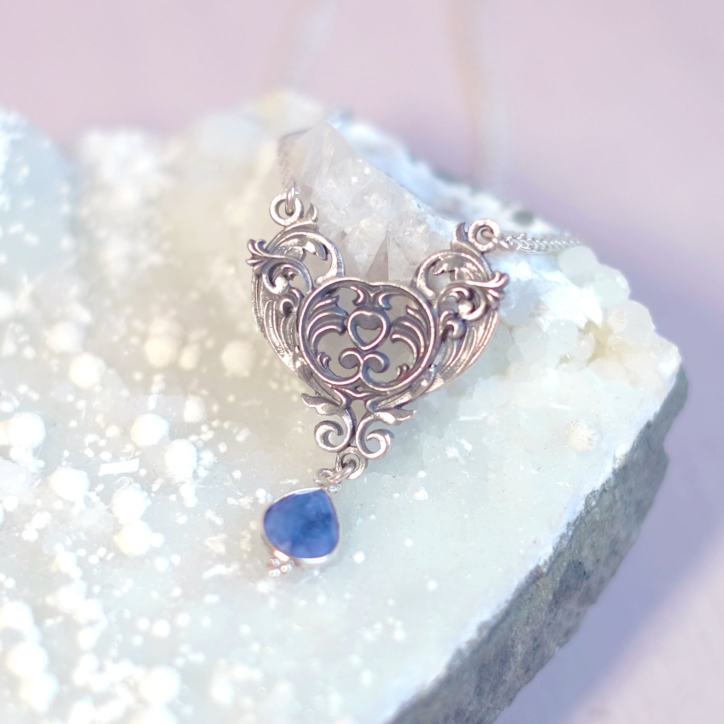 Sterling Silver Art Nouveau Heart Necklace blue sapphire version