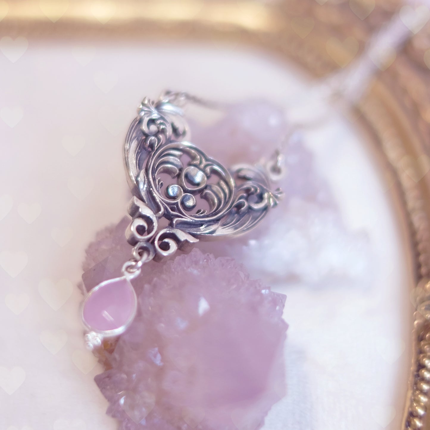 Sterling Silver Art Nouveau Heart Necklace pink chalcedony version