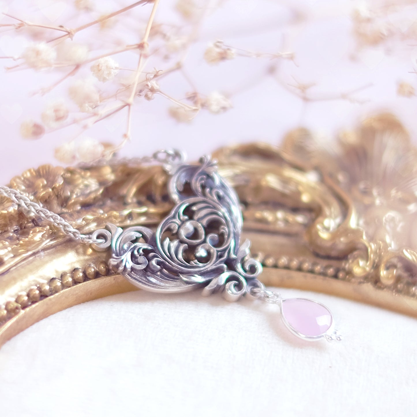 Sterling Silver Art Nouveau Heart Necklace pink chalcedony version