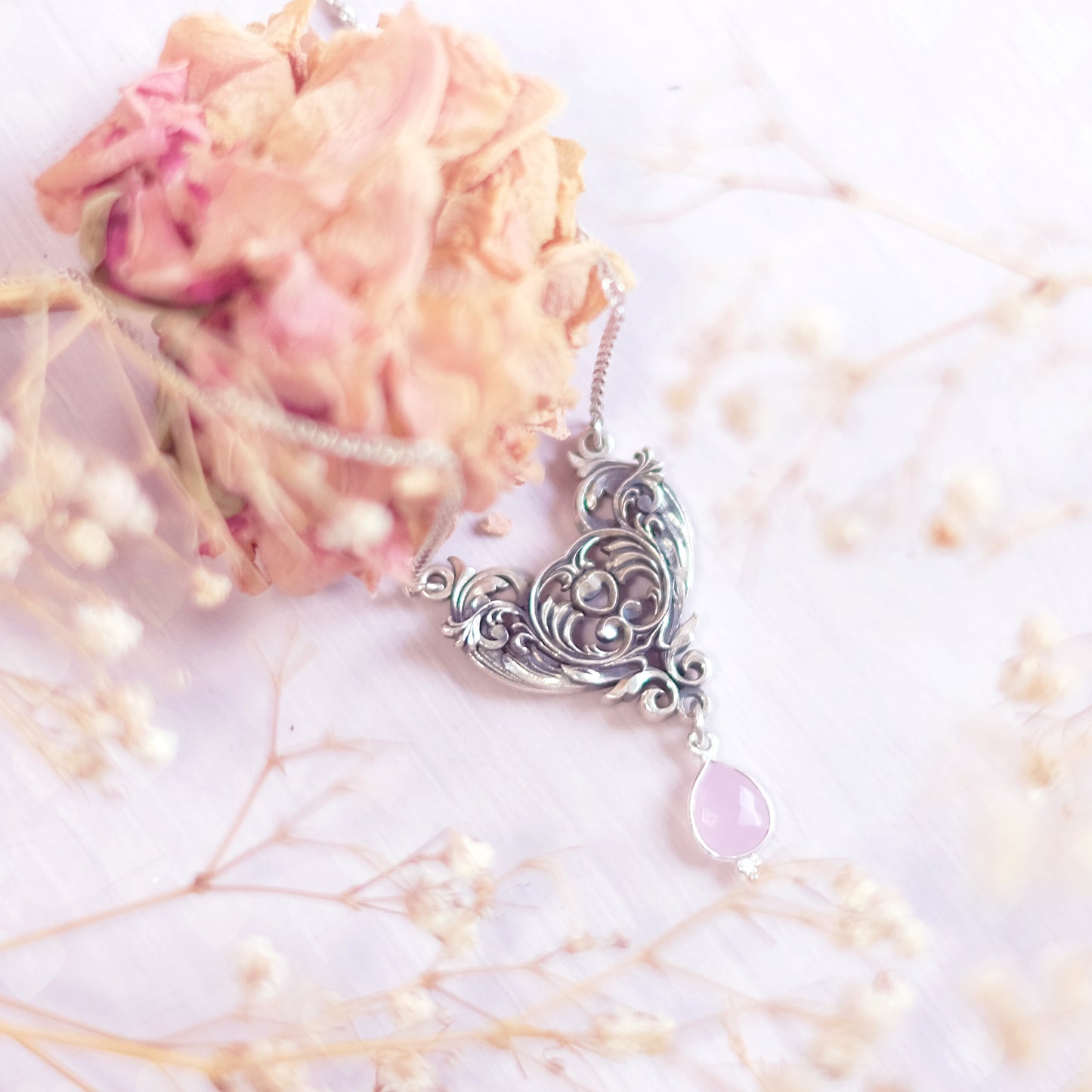 Sterling Silver Art Nouveau Heart Necklace pink chalcedony version