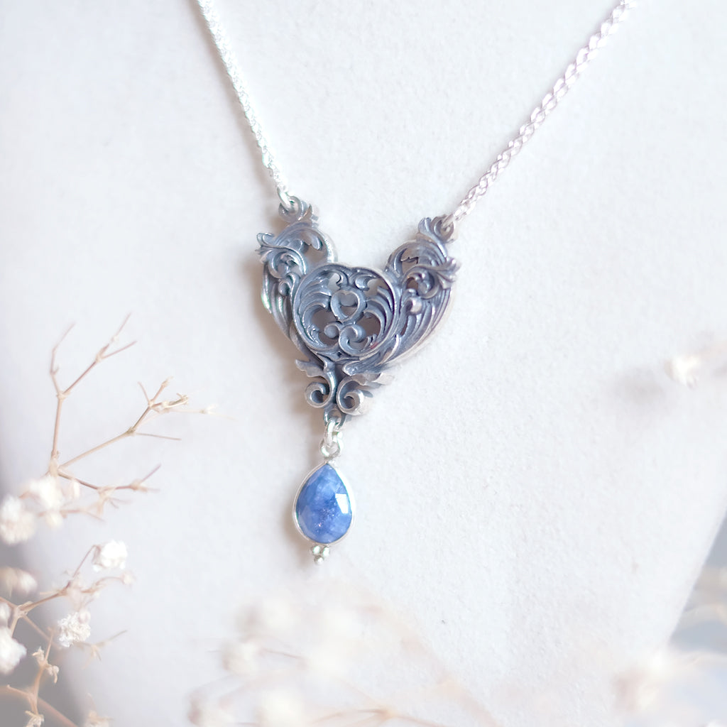 Sterling Silver Art Nouveau Heart Necklace blue sapphire version
