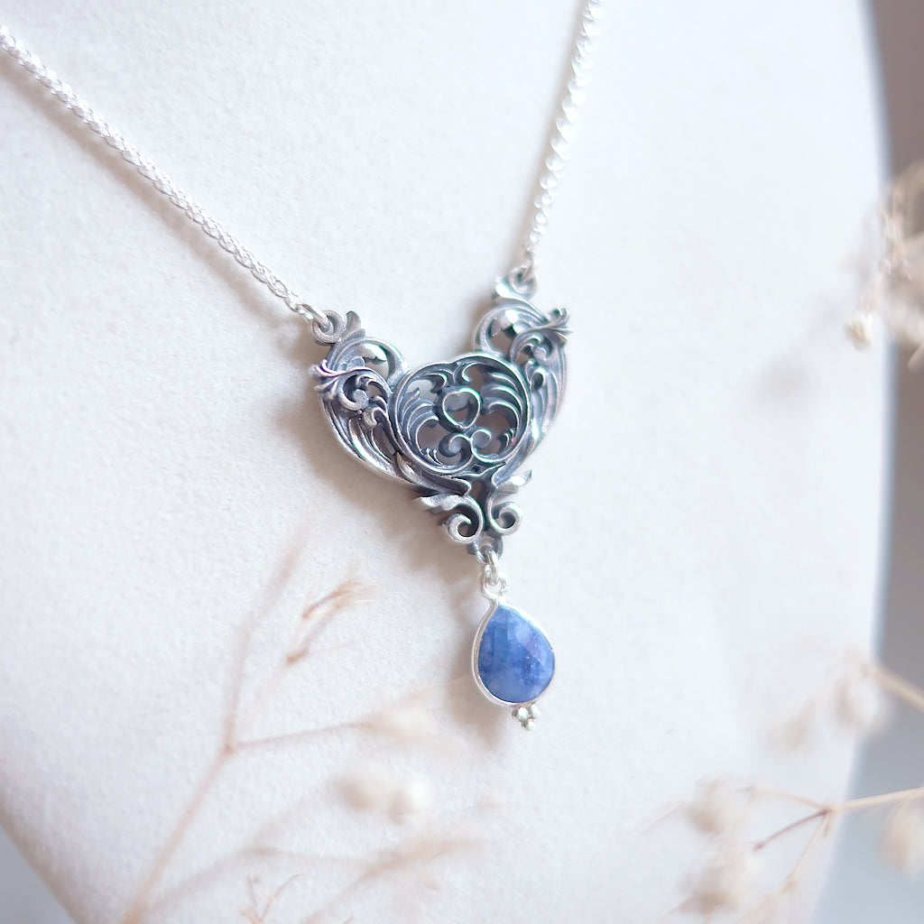 Sterling Silver Art Nouveau Heart Necklace blue sapphire version