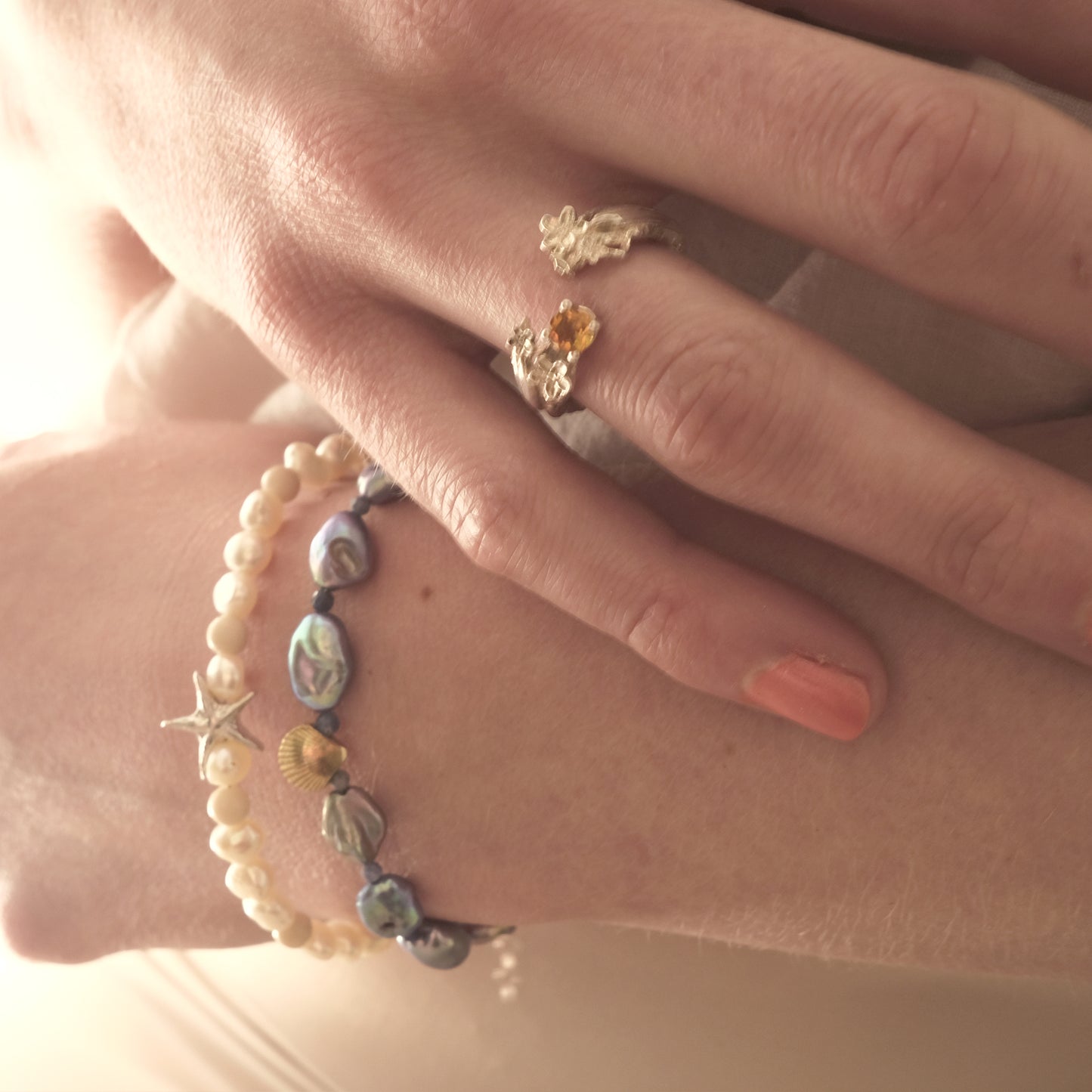 River stones and fresh water pearls – sterling silver bracelet