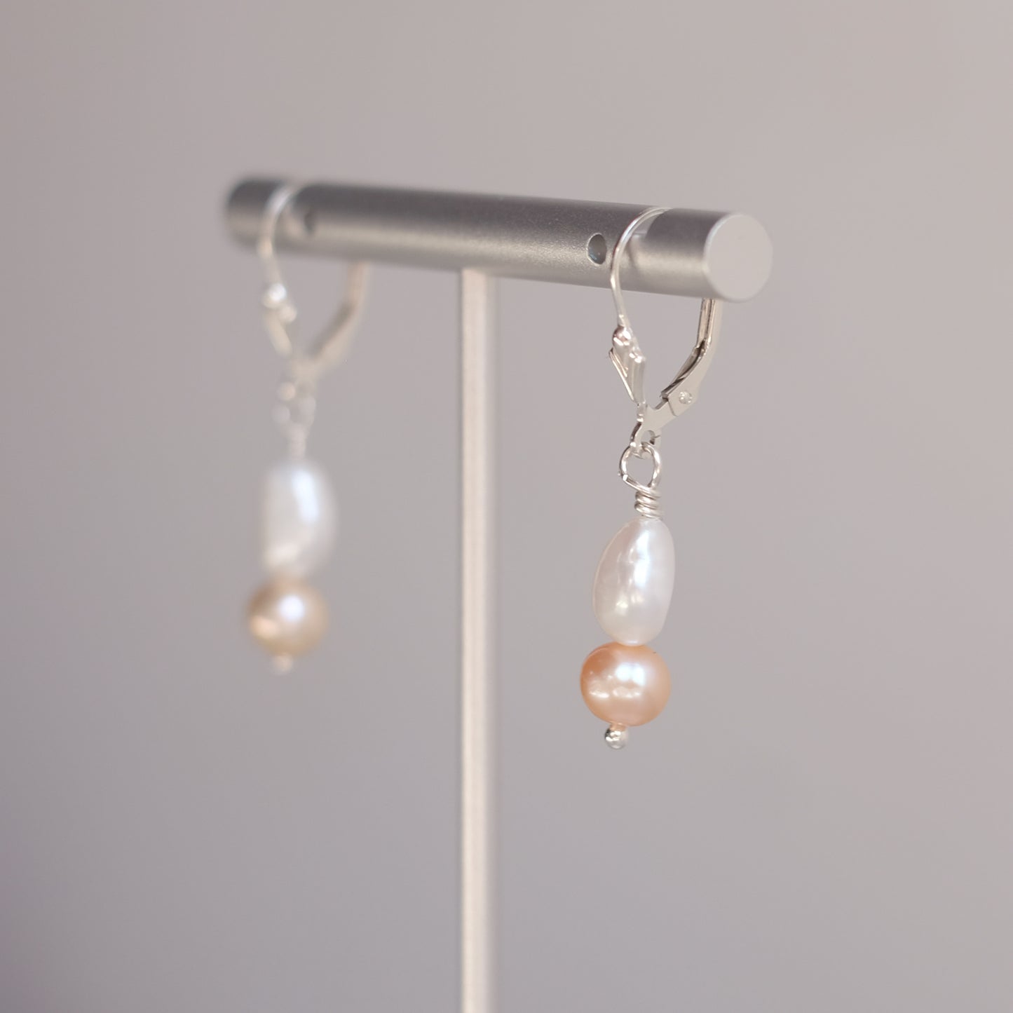 Sterling Silver Earrings with White and Coral Freshwater Pearls