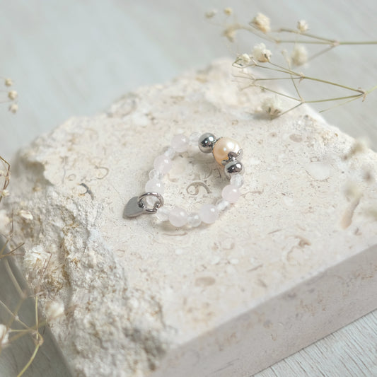 Bague en acier inoxydable avec quartz rose et perle naturelle