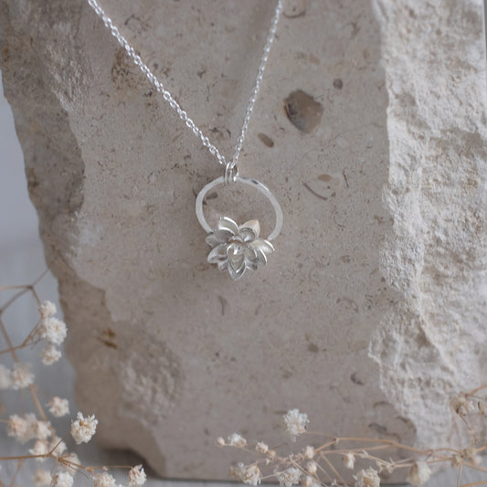 Sterling Silver Lotus Flower Necklace on a Hammered Ring