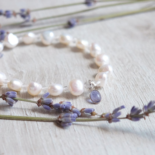 Freshwater Pearl & White Quartz Bracelet with Set Iolite – Sterling Silver