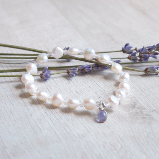Freshwater Pearl & White Quartz Bracelet with Set Iolite – Sterling Silver