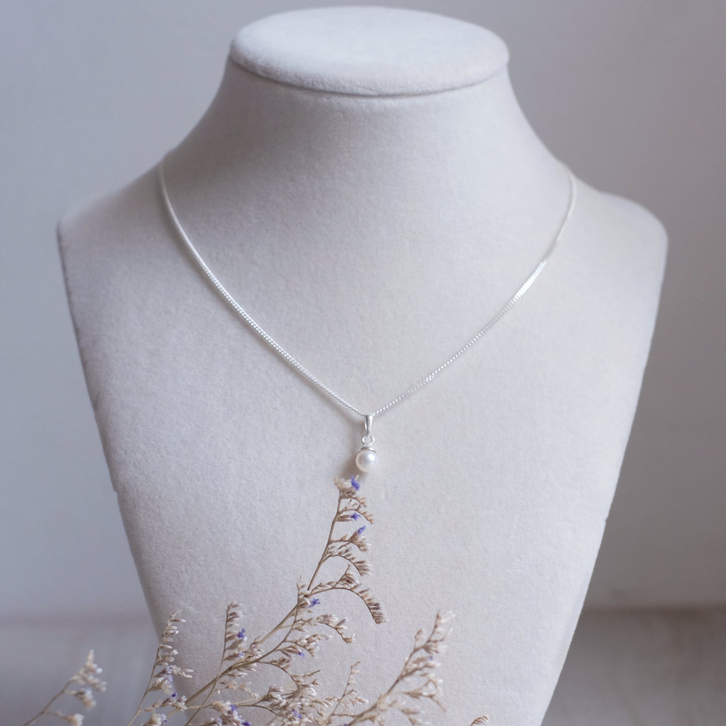 Sterling Silver Necklace with White Round Freshwater Pearl and Bail