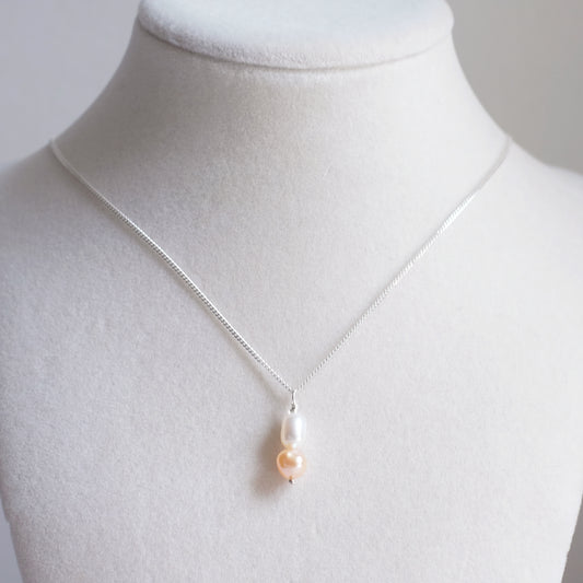 Sterling Silver Necklace with Two Freshwater Pearls – White and Coral