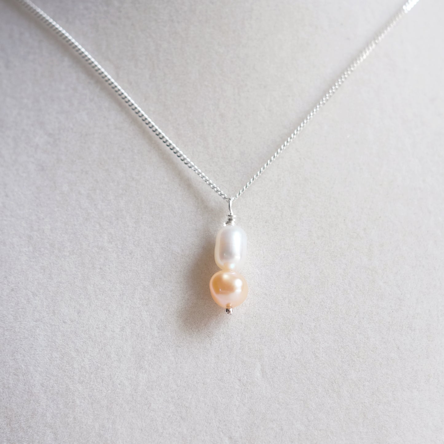 Sterling Silver Necklace with Two Freshwater Pearls – White and Coral