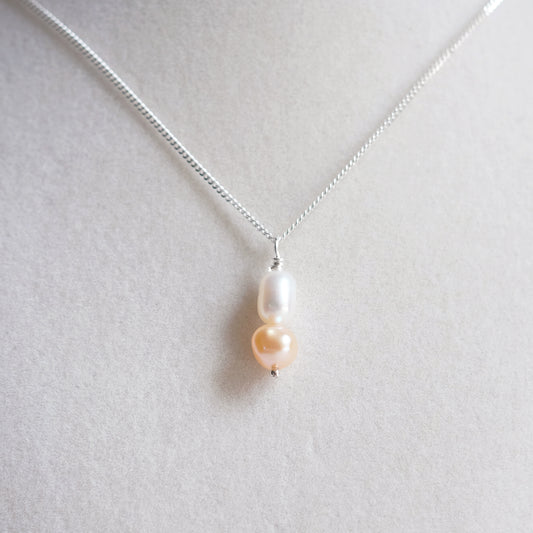 Sterling Silver Necklace with Two Freshwater Pearls – White and Coral