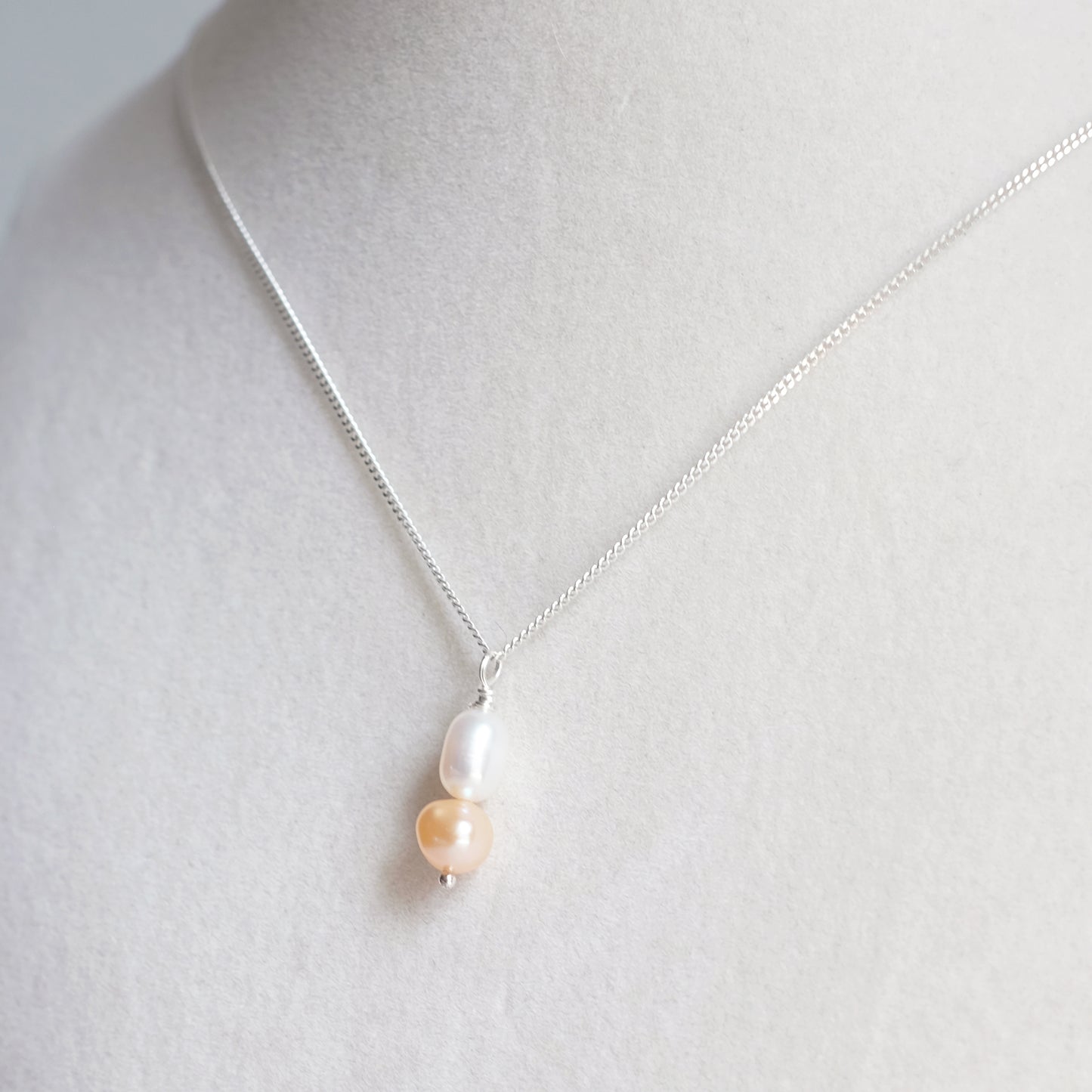 Sterling Silver Necklace with Two Freshwater Pearls – White and Coral