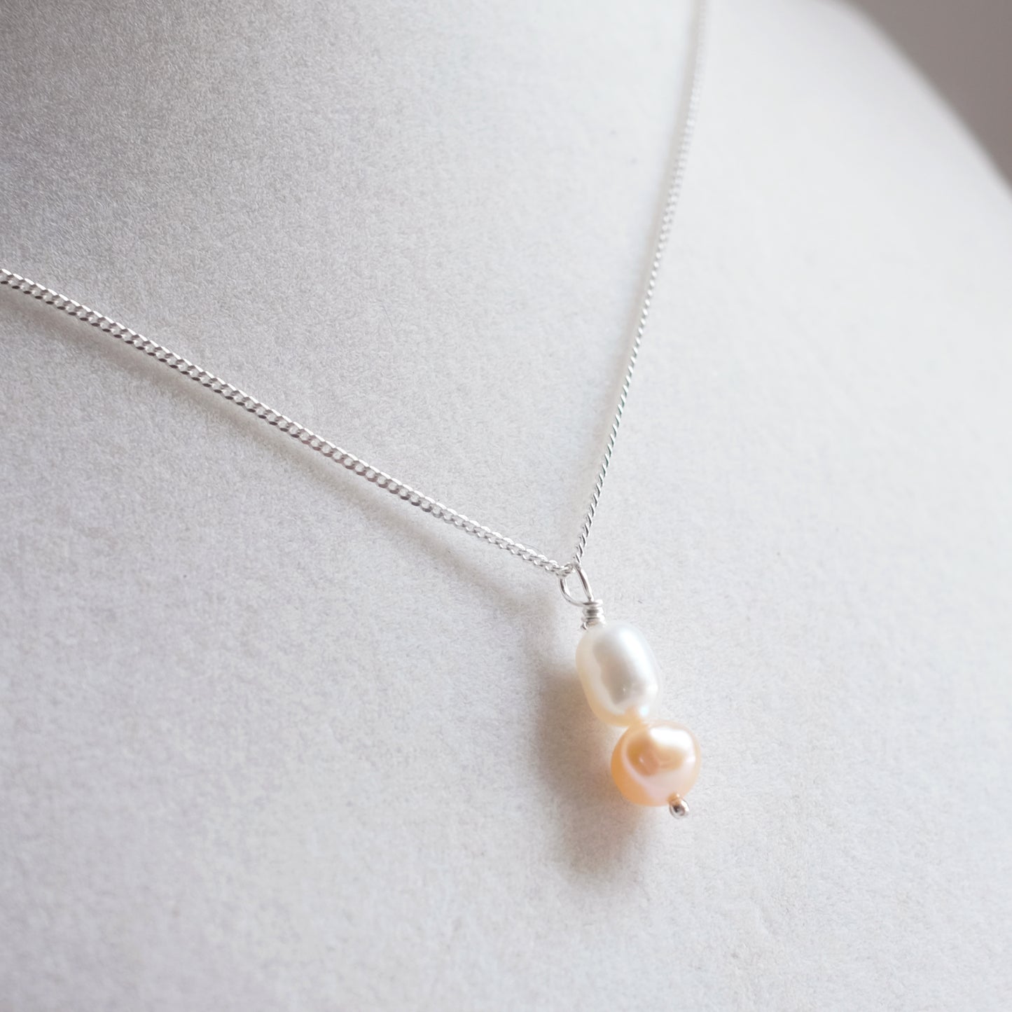Sterling Silver Necklace with Two Freshwater Pearls – White and Coral