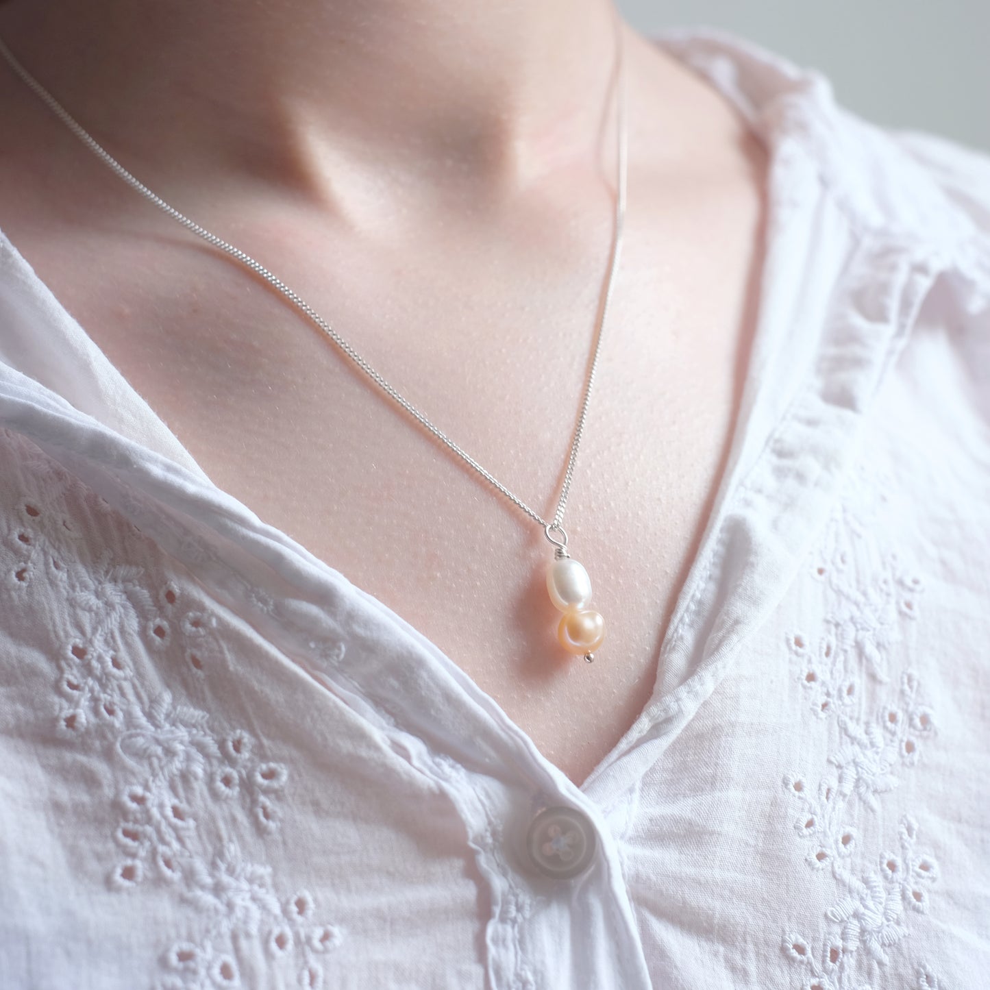 Sterling Silver Necklace with Two Freshwater Pearls – White and Coral