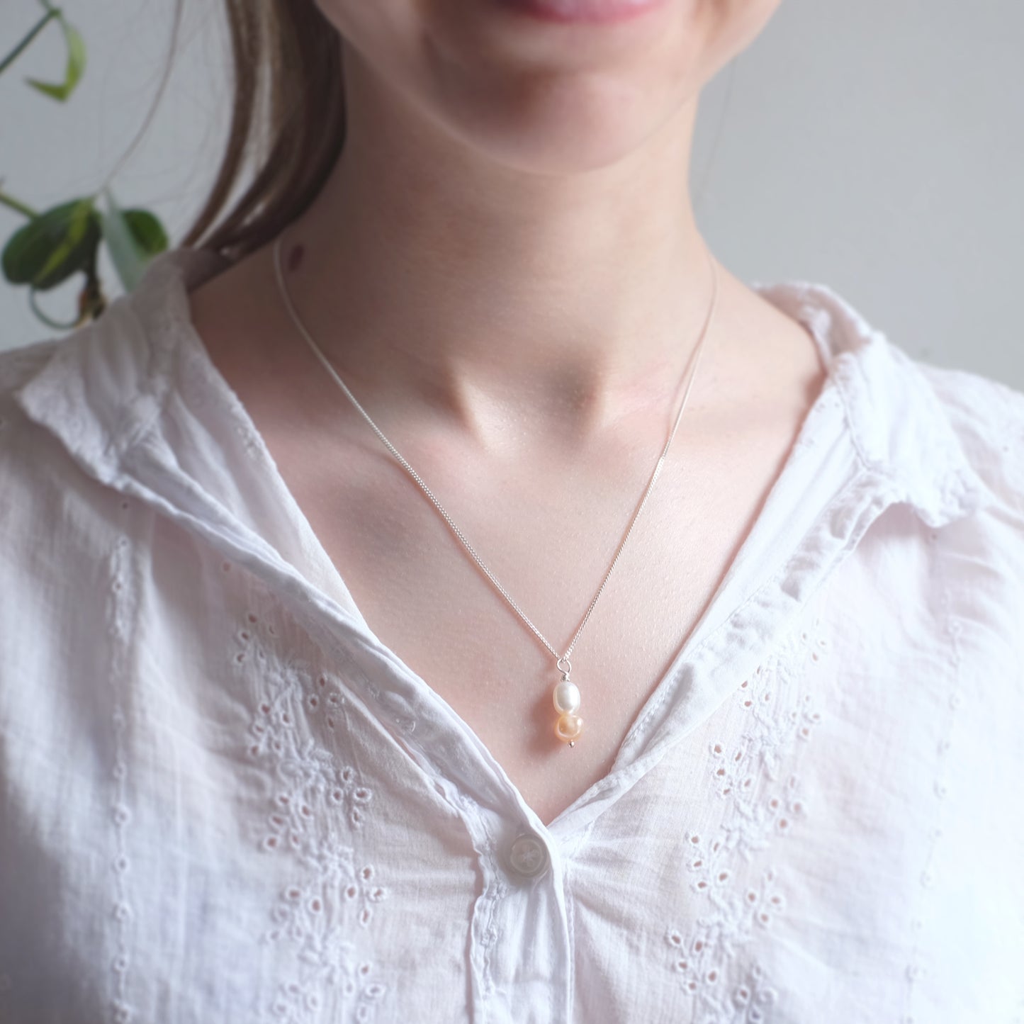 Sterling Silver Necklace with Two Freshwater Pearls – White and Coral