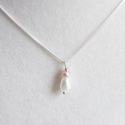 Sterling Silver Necklace with One White and One Blush Pink Freshwater Pearl