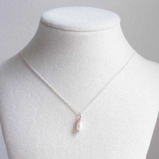 Sterling Silver Necklace with One White and One Blush Pink Freshwater Pearl