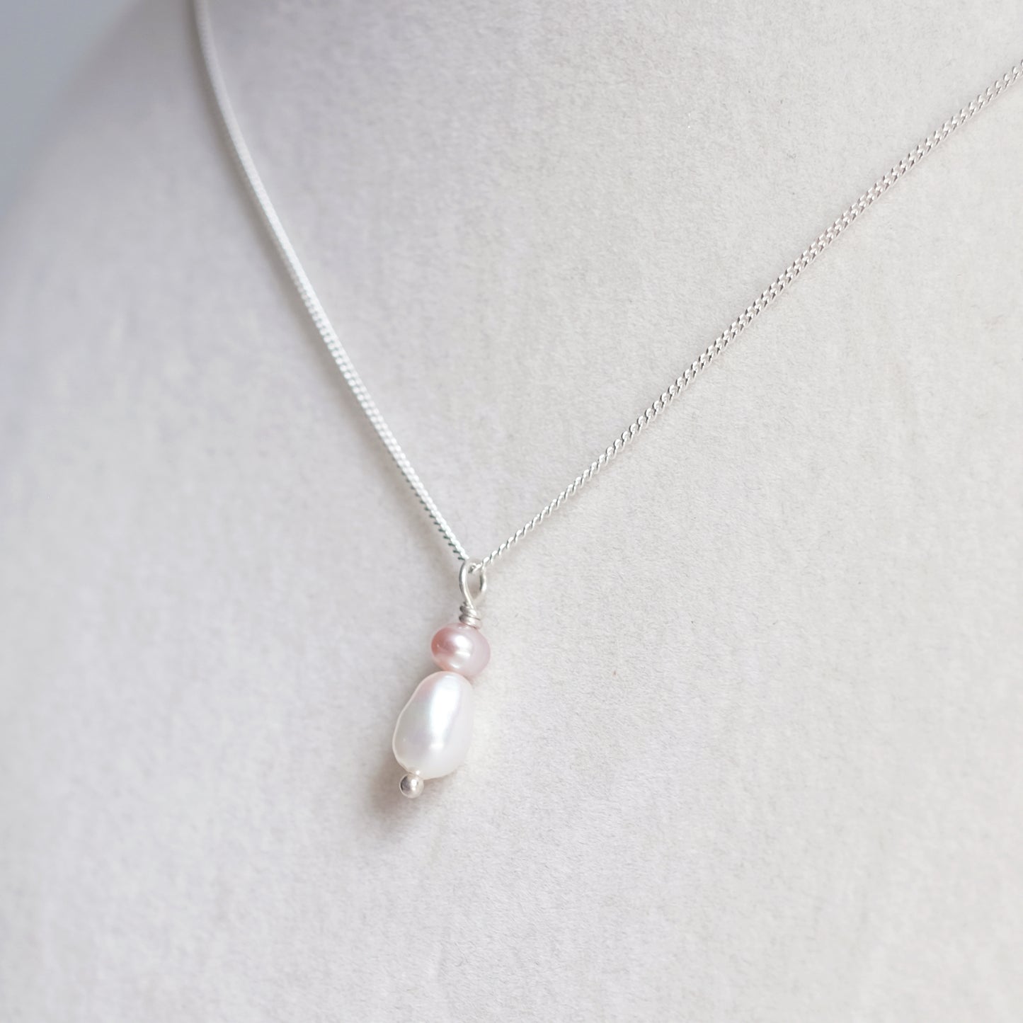 Sterling Silver Necklace with One White and One Blush Pink Freshwater Pearl