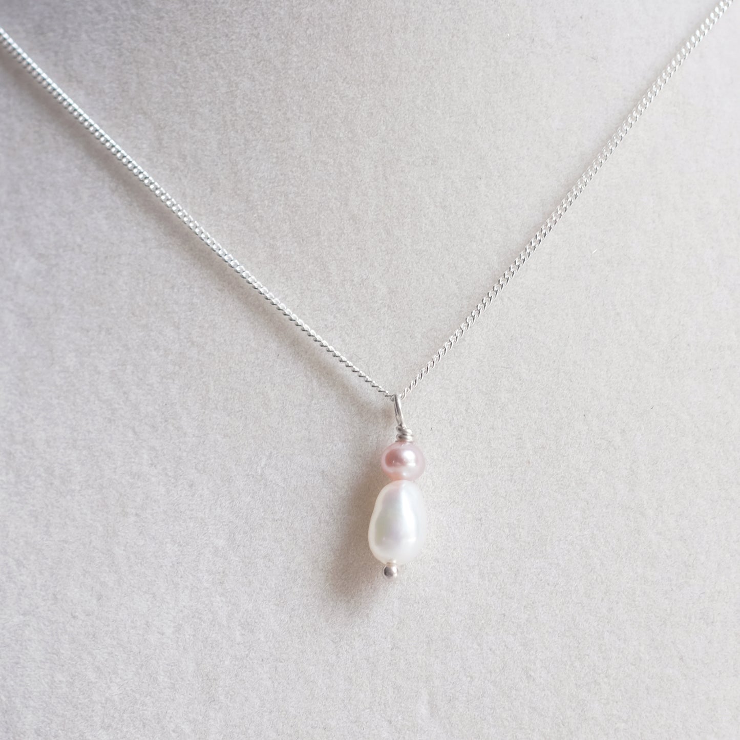 Sterling Silver Necklace with One White and One Blush Pink Freshwater Pearl