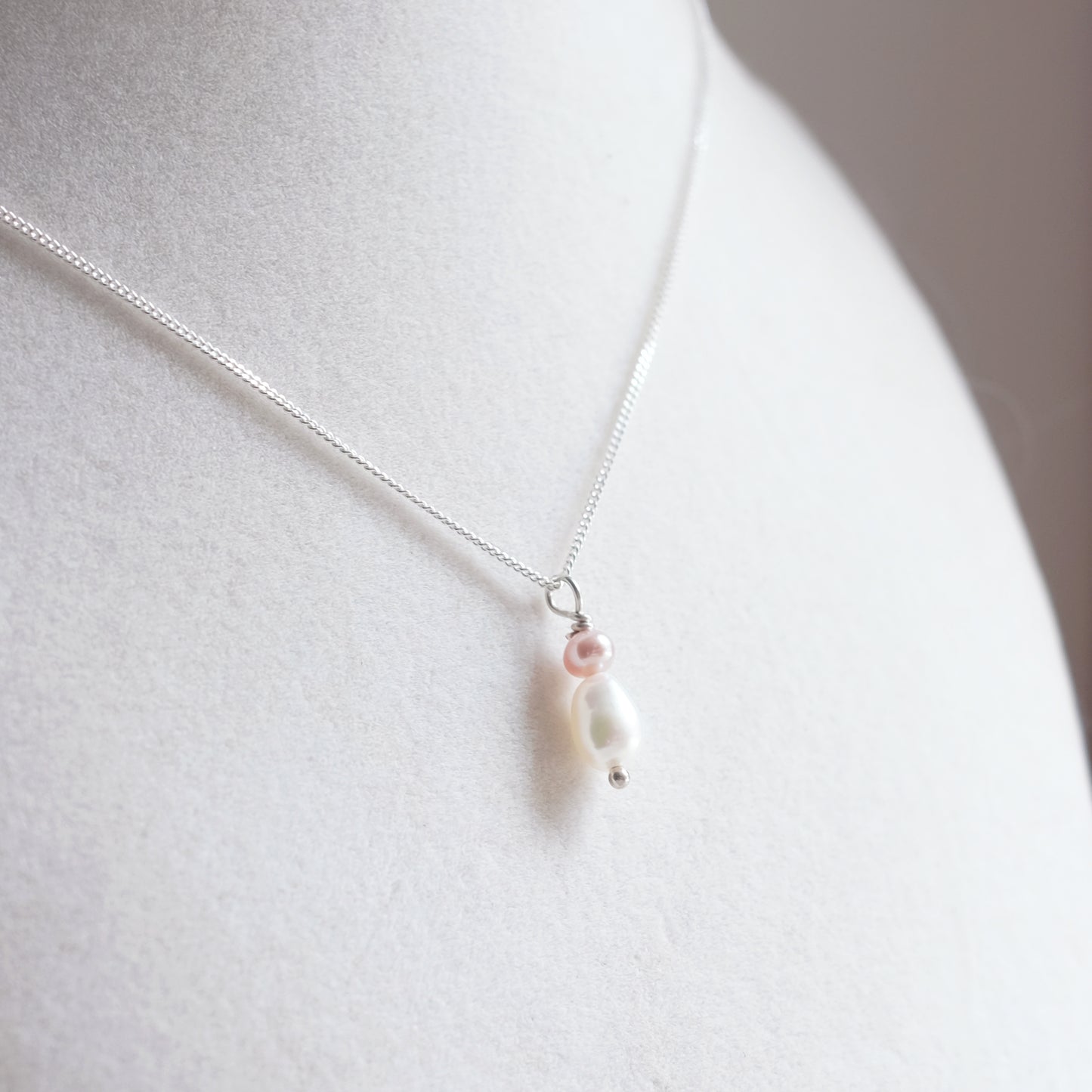 Sterling Silver Necklace with One White and One Blush Pink Freshwater Pearl