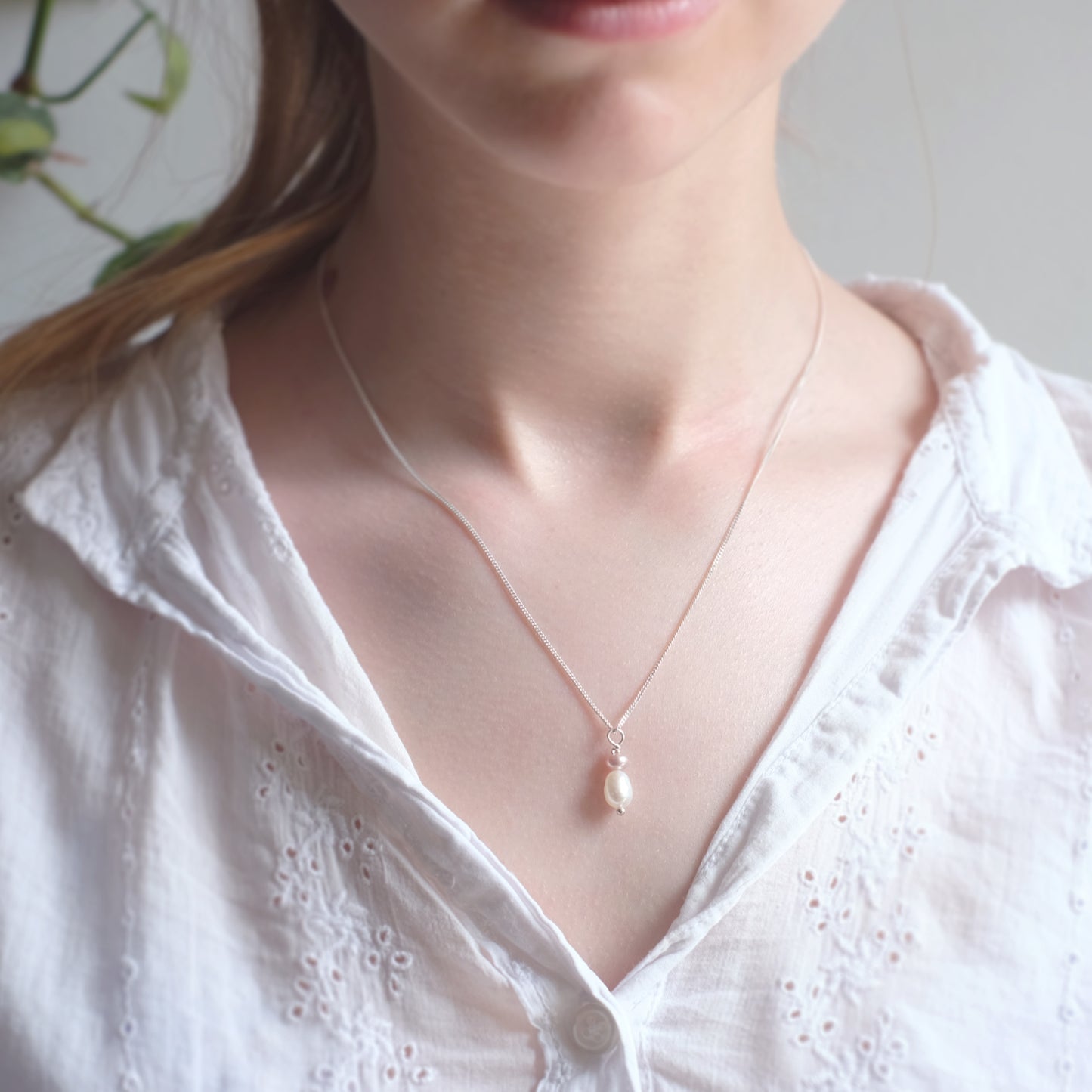 Sterling Silver Necklace with One White and One Blush Pink Freshwater Pearl