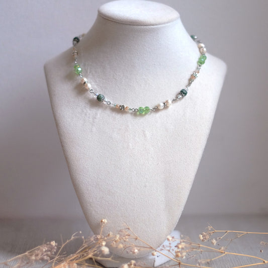 Moss Agate & Natural Pearl Choker – Silver Stainless Steel