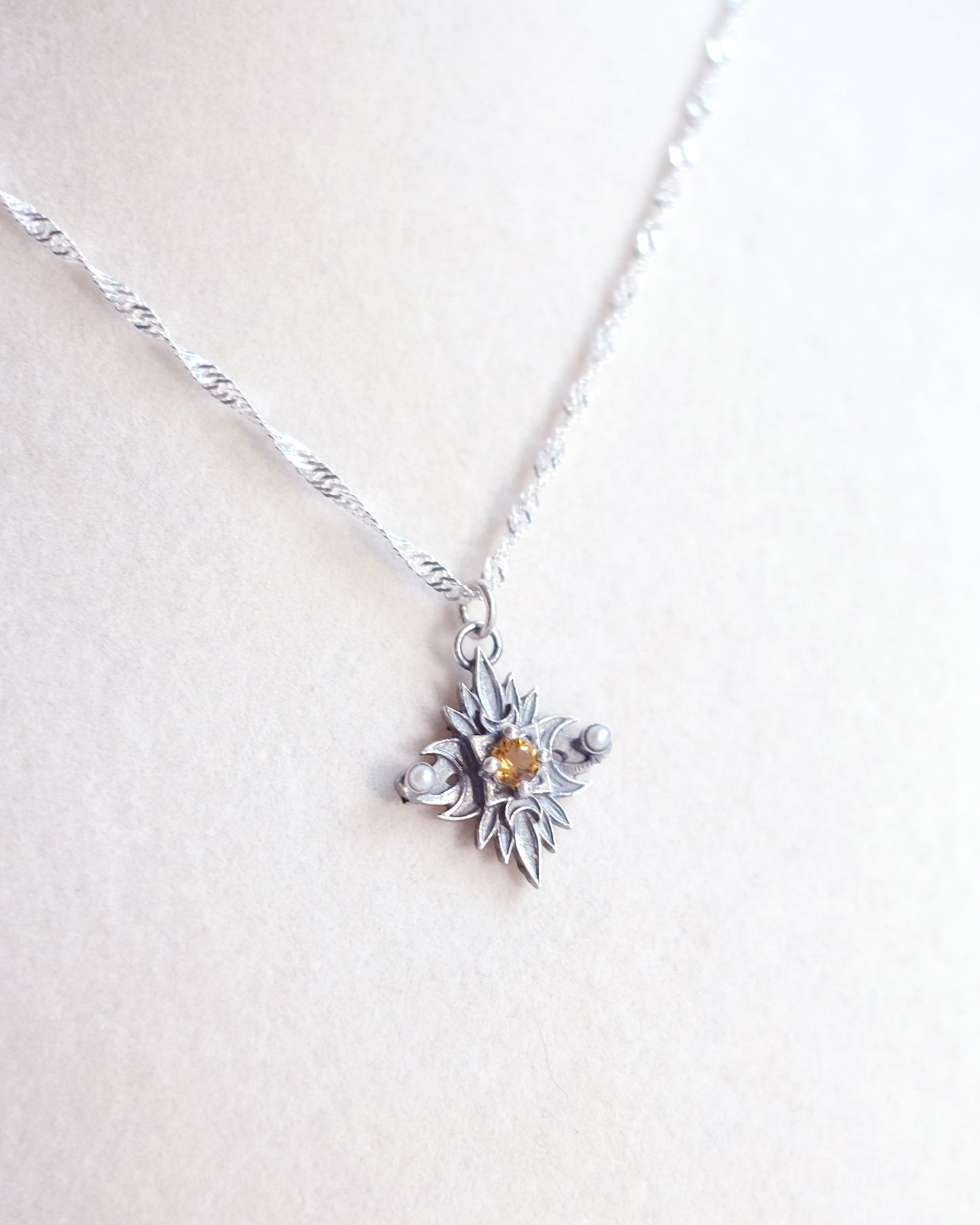 Sterling Silver Starbound Necklace Golden Yellow version with sapphire & pearls