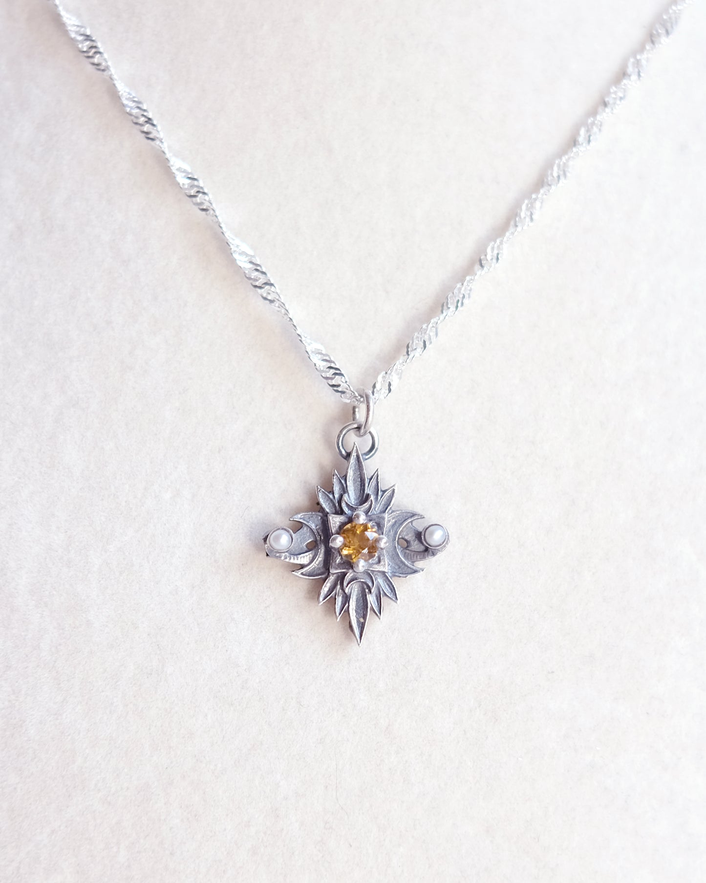 Sterling Silver Starbound Necklace Golden Yellow version with sapphire & pearls