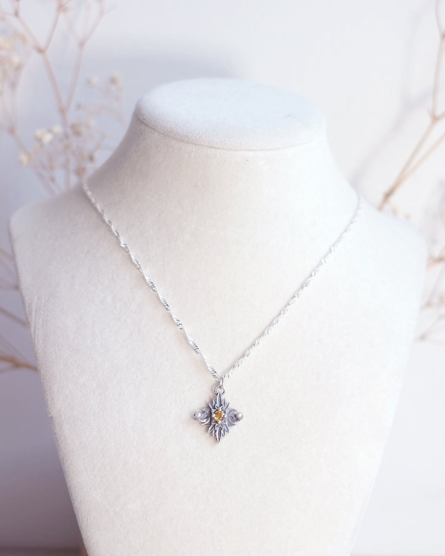 Sterling Silver Starbound Necklace Golden Yellow version with sapphire & pearls