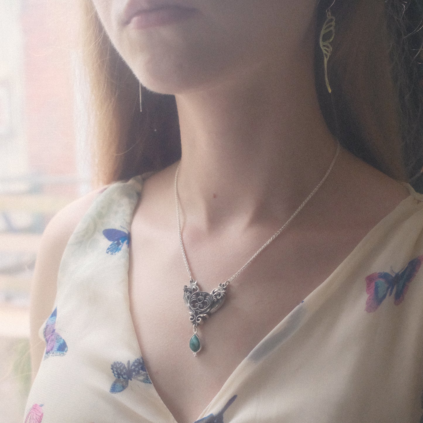 Sterling Silver Art Nouveau Heart Necklace green emerald version