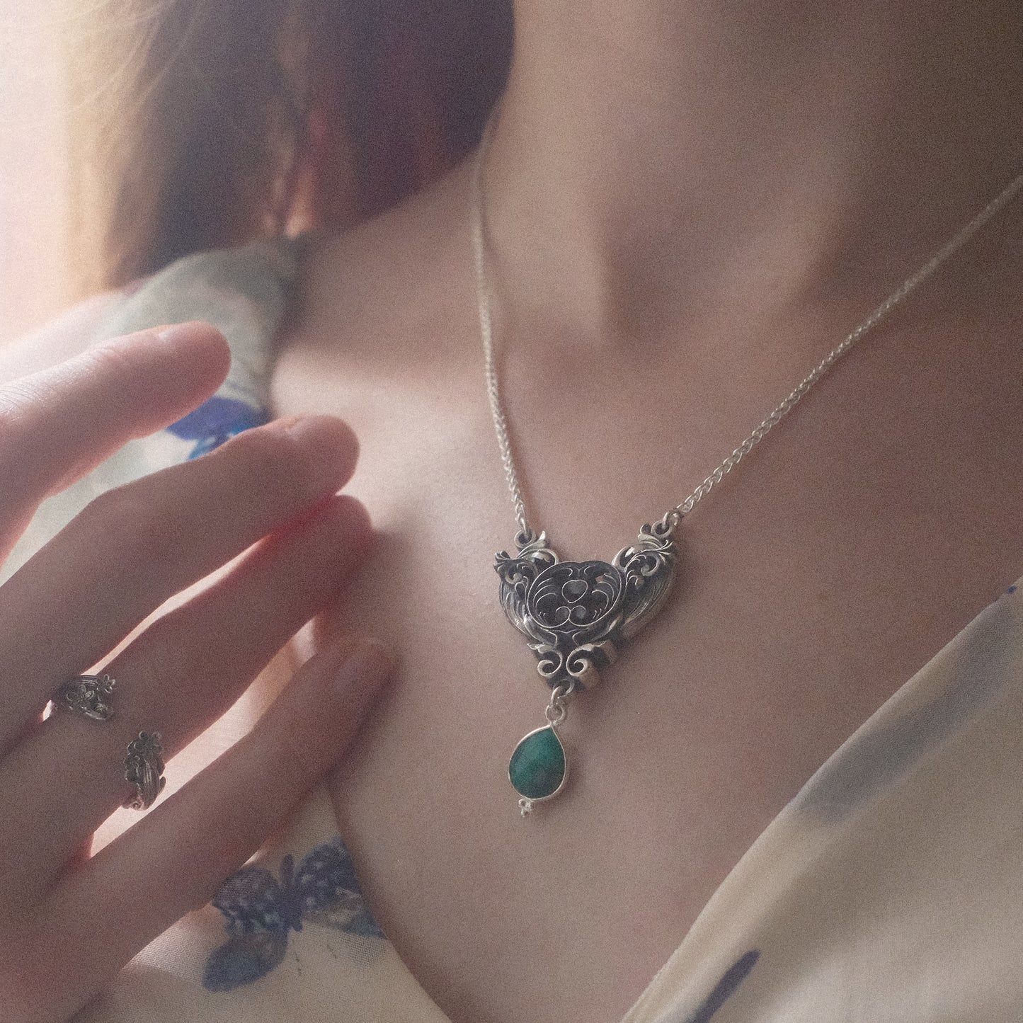 Sterling Silver Art Nouveau Heart Necklace green emerald version