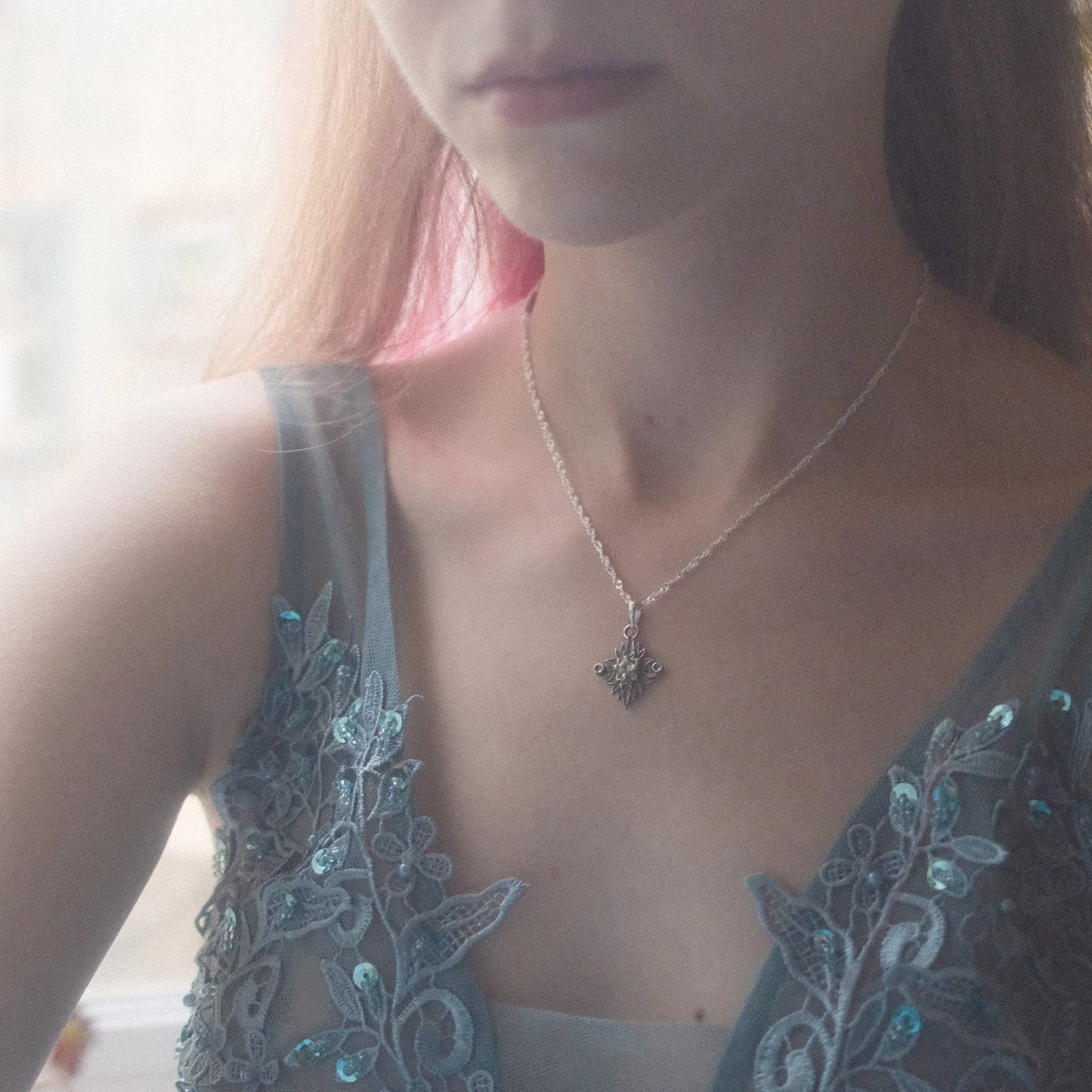 Sterling Silver Starbound Necklace Green version with sapphire