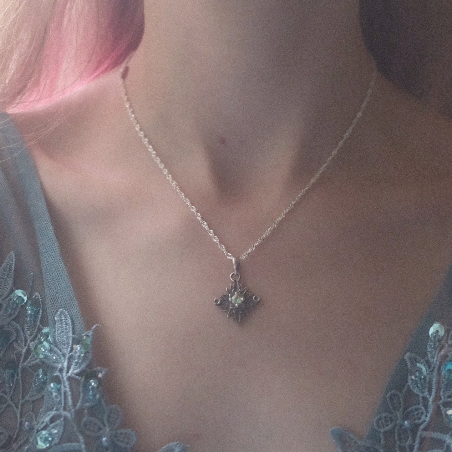 Sterling Silver Starbound Necklace Green version with sapphire