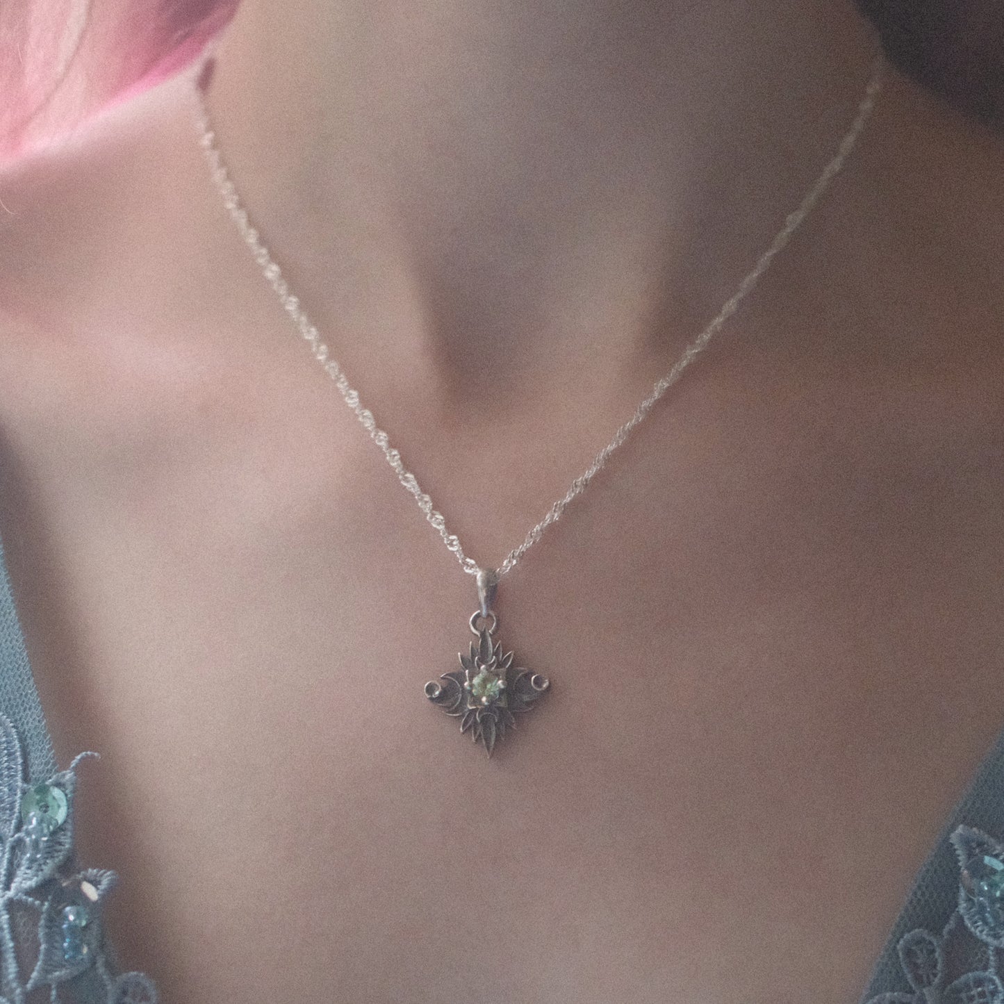 Sterling Silver Starbound Necklace Green version with sapphire