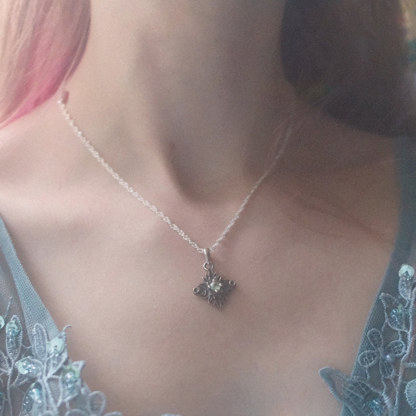 Sterling Silver Starbound Necklace Green version with sapphire