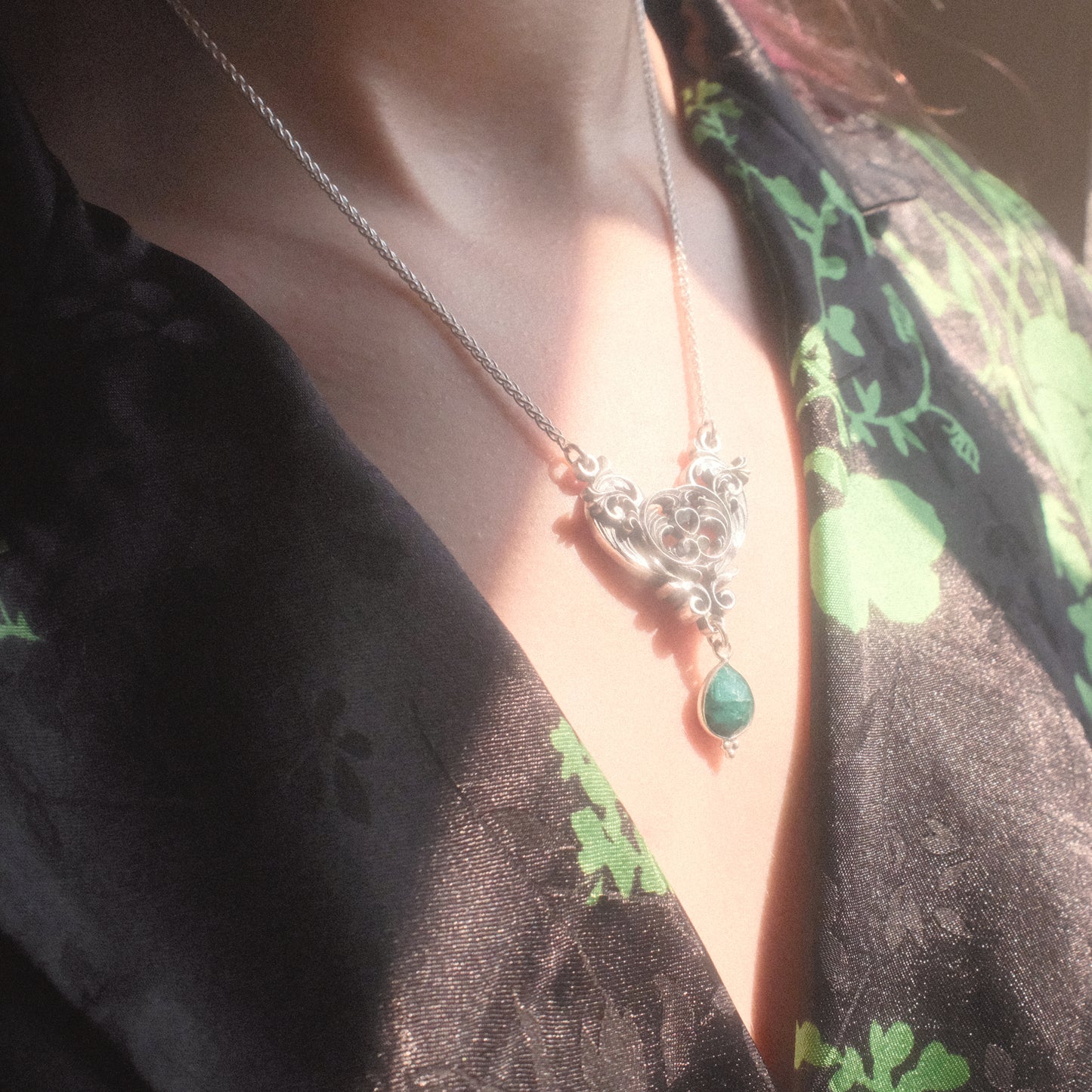Sterling Silver Art Nouveau Heart Necklace green emerald version
