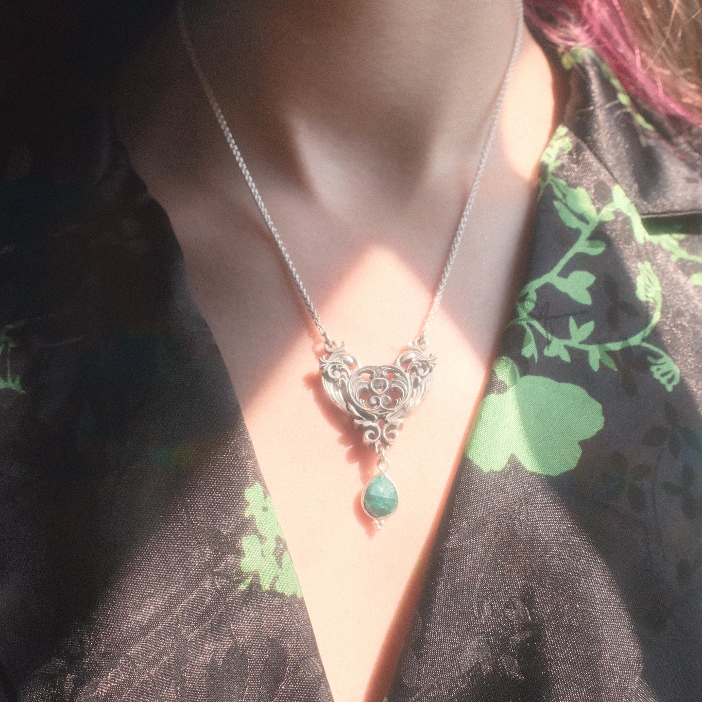 Sterling Silver Art Nouveau Heart Necklace green emerald version